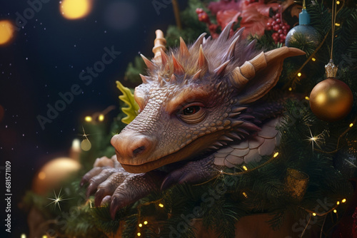 A beautiful Christmas fairy dragon lies near a Christmas tree. Illustration with the symbol of the year, 2024, fabulous magic dragon with thorns and horns. Greeting card for text and greetings © Александра Алероева