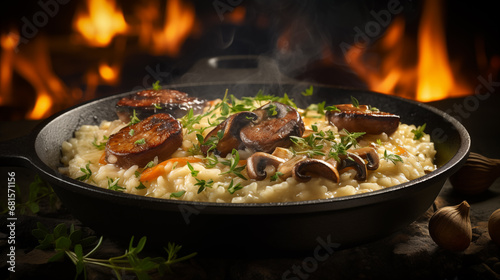 delicious Italian mashrooms risotto . modern food photography in rustic style . in detail