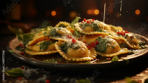 delicious Italian ravioli  modern food photography in rustic style . in detail photo