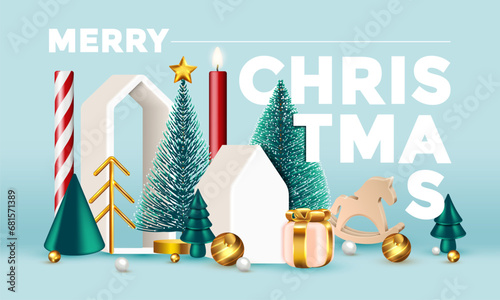 Christmas festive winter 3d composition. Realistic stage, podium, Xmas studio. Minimal abstract new year background. Modern Creative holiday template. Banner and poster. Vector illustration