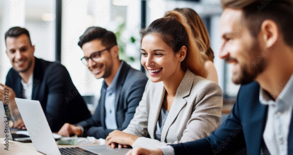 Smiling businesspeople at meeting with laptop computer. Concept of teamwork