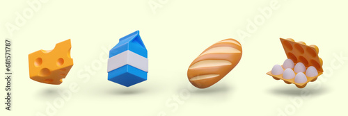 Realistic piece of cheese with holes, carton of milk, sliced bread, eggs. Vector illustration, color icons. Categories of dairy, animal and grain products. Balanced nutrition