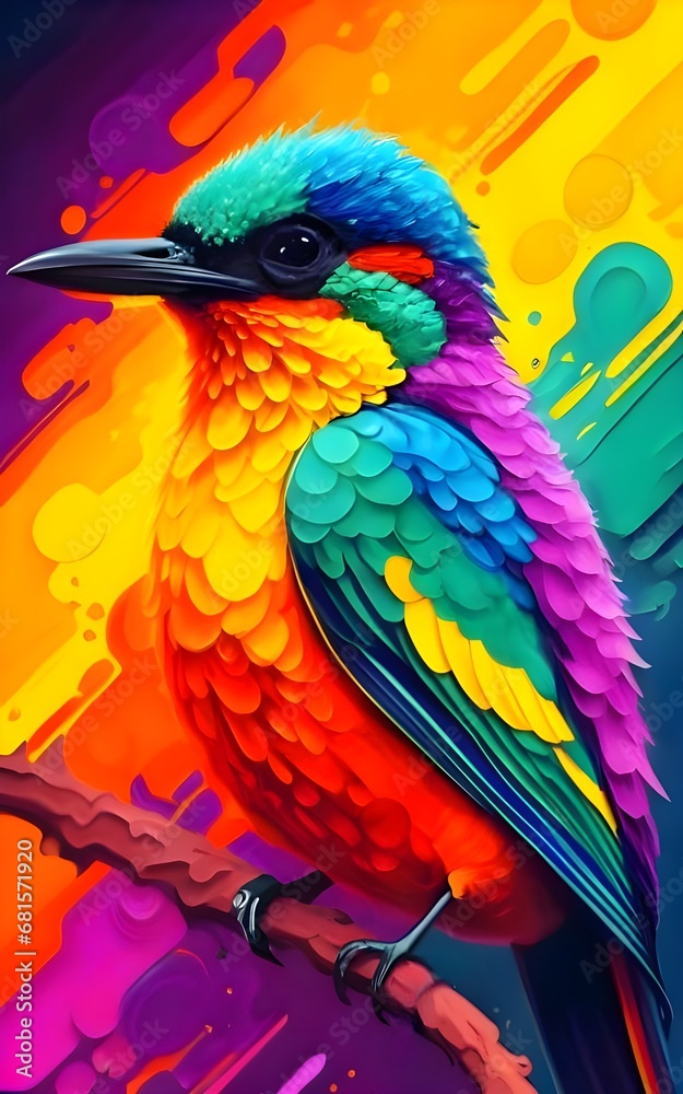 Obraz premium The image is a vibrant and colorful representation of a bird with a blue head and a green body, set against an abstract background.