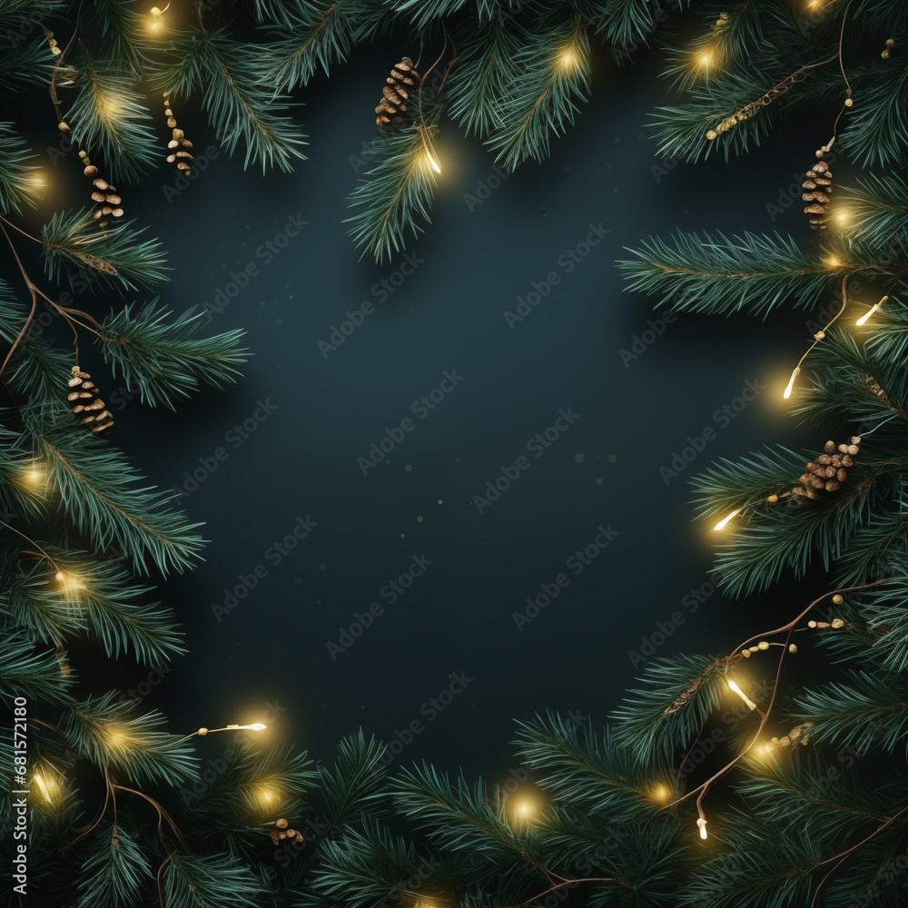 Beautiful green spruce twigs on a dark background with garlands and space for a copy. Christmas illustration, background for a card, cones, blurred lights, highlights. Christmas Banner for Text and