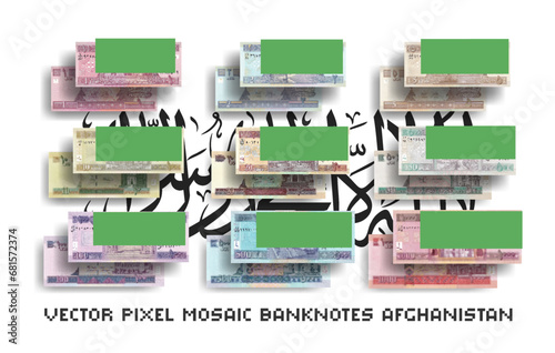 Vector set of mosaic pixel banknotes of Afghanistan. Collection of bills in denominations of 1, 2, 5, 10, 20, 50, 100, 500 and 1000 afghanis. Obverse and reverse. Play money or flyers.