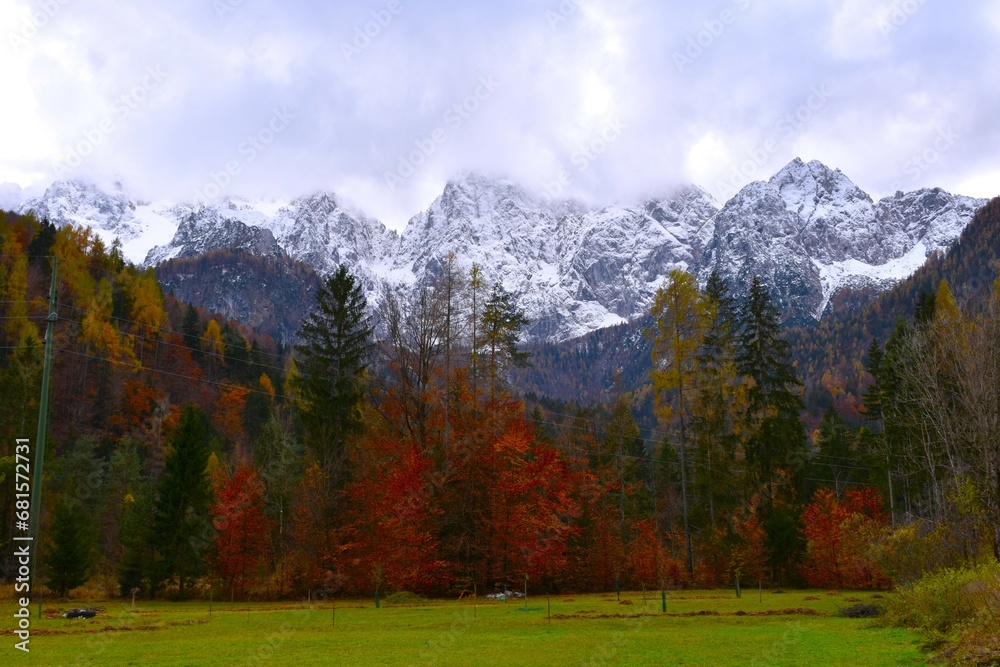 View of Špik mountain range covered in snow above Gozd Martuljek with red autumn colored trees in Gorenjska, Slovenia