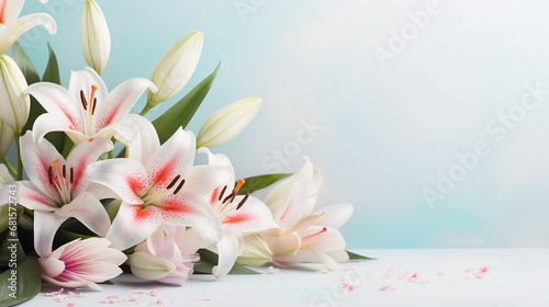 Easter lillies and colorful decorated easter eggs on a light pastel background. AI generative photo