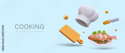 Composition with knife, plate with tasty fish, food cutting board, and chef hat. Vector illustration in 3D style with blue background and place for text and blue background
