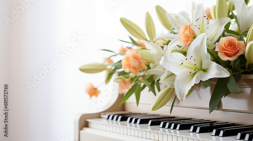 Easter lillies and colorful decorated easter eggs on a light pastel background. AI generative