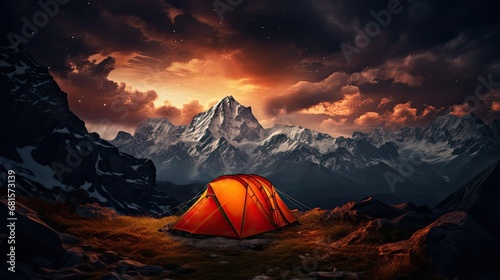Glowing orange tent in the mountains under dramatic © paisorn