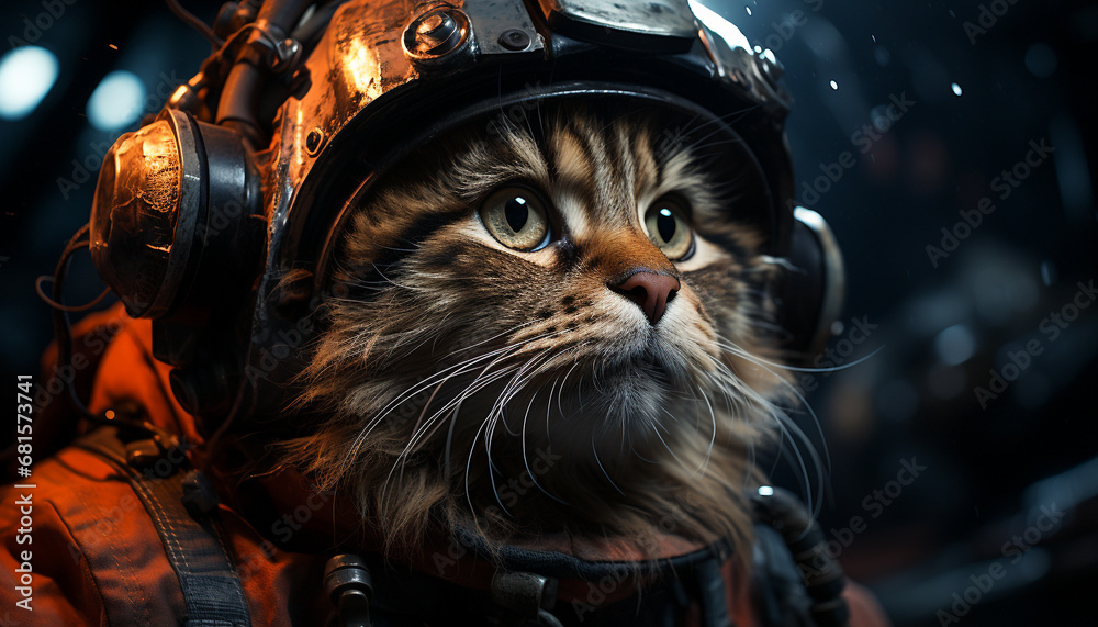 Cute kitten looking at camera with engineer wearing work helmet generated by AI