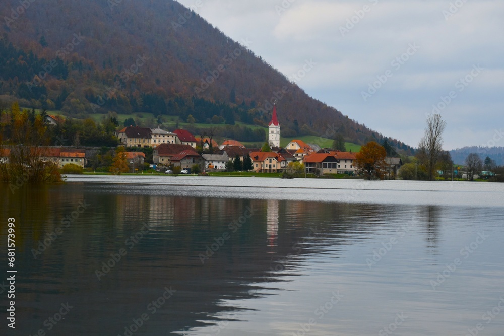 Planina village at the shore of Planinsko jezero in Notranjska, Slovenia