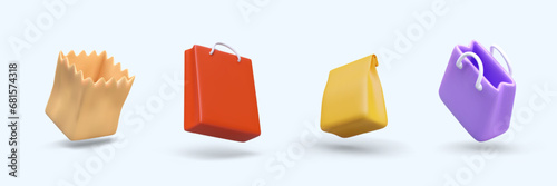 Collection with different colored packaging on blue background. Open and closed paper bags for food production. Package for shopping in supermarket. Vector illustration in 3d style and blue background