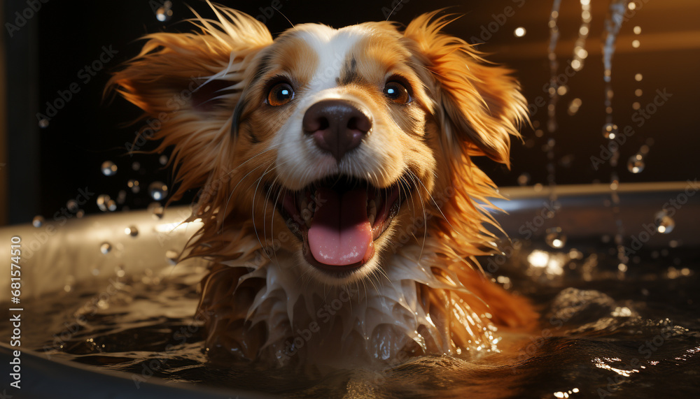 Cute puppy sitting in bathtub, tongue out, enjoying shower generated by AI