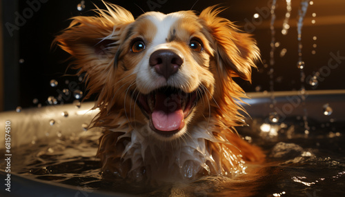 Cute puppy sitting in bathtub, tongue out, enjoying shower generated by AI © djvstock