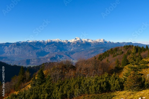 View of Triglav mountain peak covered in snow in Julian alps, Gorenjska, Slovenia photo