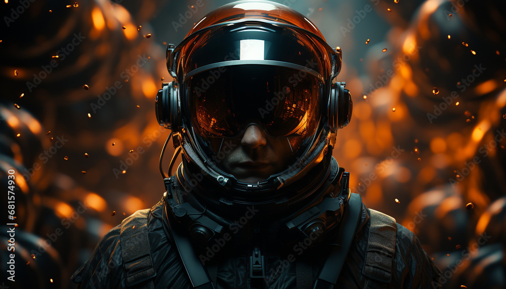 Futuristic army cyborg protects with illuminated weapon in dark night generated by AI