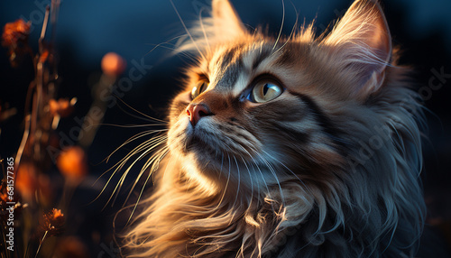 Cute kitten sitting outdoors, staring with playful curiosity at camera generated by AI