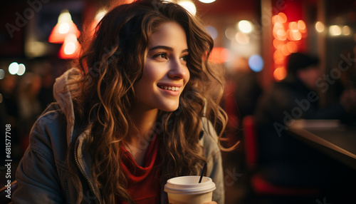 Young woman enjoying a hot coffee in the illuminated city generated by AI