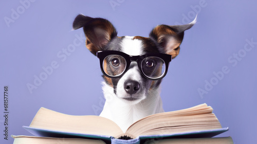 Dog with glasses reads a book on a lilac background with space for text. Banner  copyspace 