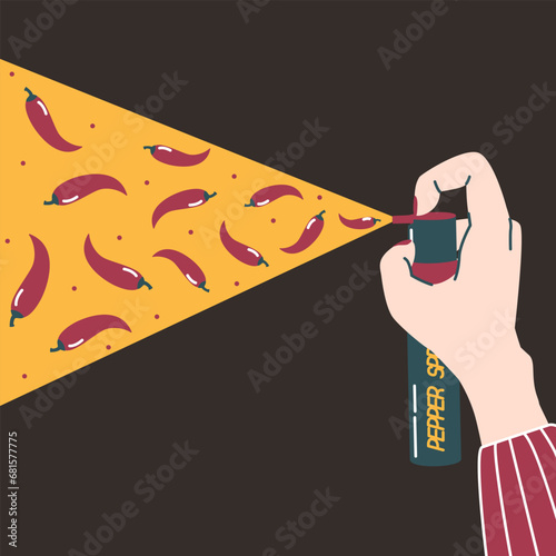 Woman's hand holding and using pepper spray on the black background