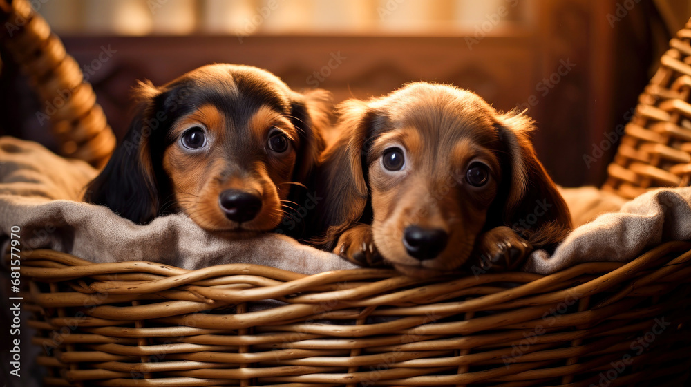 Cute dachshund puppies sitting in a basket