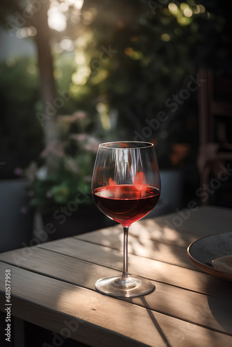 Three glasses of red wine on the table outdoors on blurred garden background