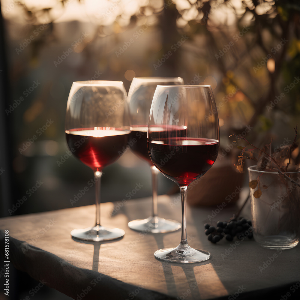 Three glasses of red wine on the table outdoors on blurred vineyard background on sunset