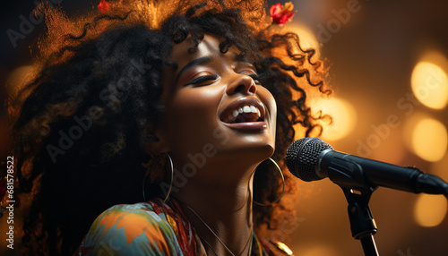 Young woman singing on stage, enjoying the music with joy generated by AI