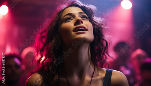 Young adults partying at a nightclub, enjoying the performance on stage generated by AI