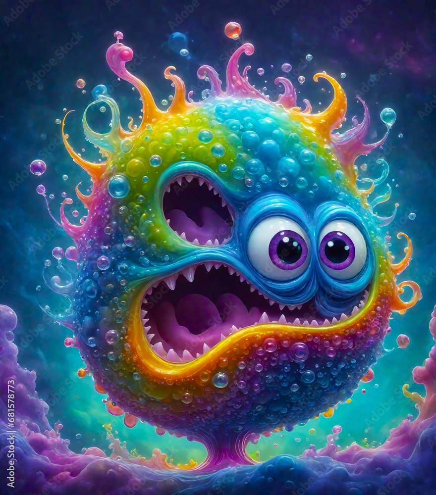 Cute cartoon rainbow virus with big eyes and mouth
