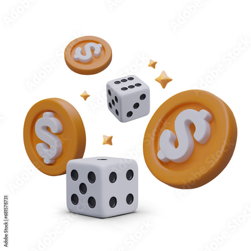 Playing dice, coins with dollar sign, gold stars. Vector realistic combination on white background. Gambling concept. Try your luck. Time to play online casino