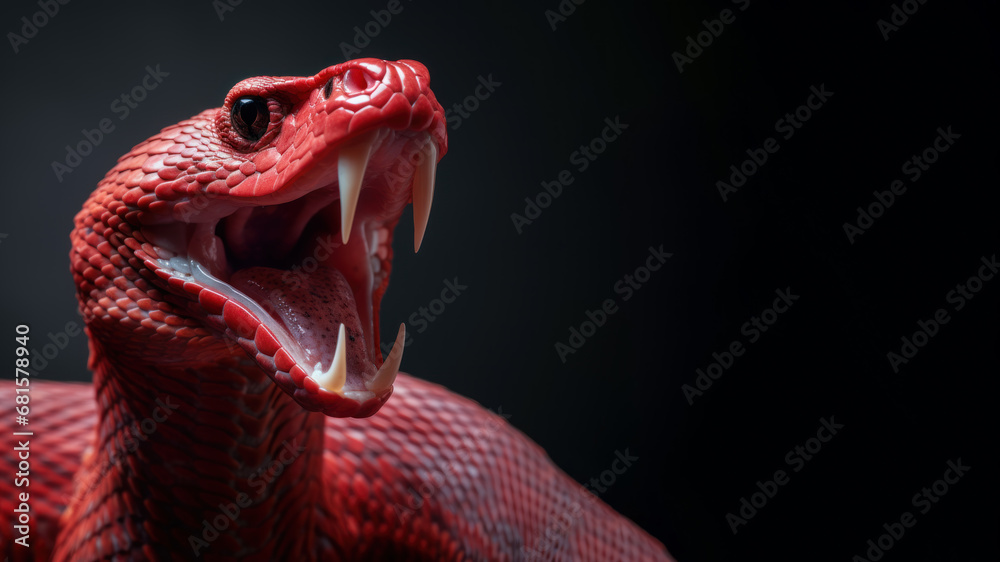 Fototapeta premium Red snake open mouth ready to attack isolated on gray background
