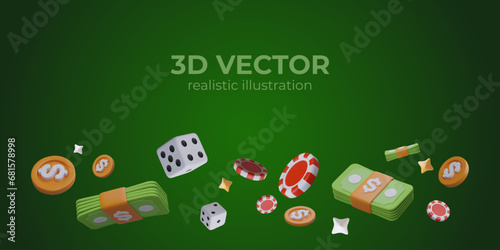 Realistic 3d vector poster with flying gold coins, banknotes, chips for online casino and game cubes in realistic style. Vector illustration with place for text