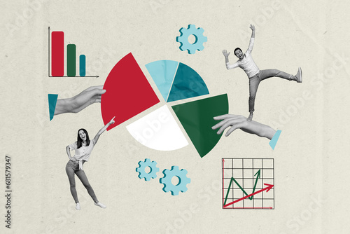 Creative abstract template collage of businesspeople arrow diagram show statistics startup progress hurry fantasy billboard comics zine