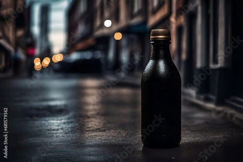 black beverage bottle template , urban background , soda bottle template in the streets