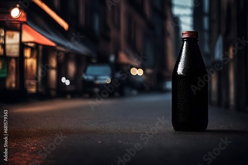 black beverage bottle template , urban background , soda bottle template in the streets