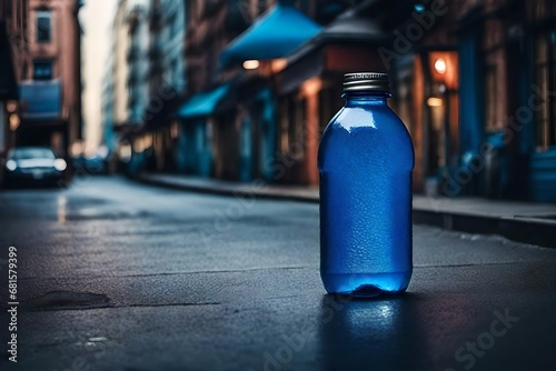 blue beverage bottle in the streets, urban isotonic drink packaging mockup