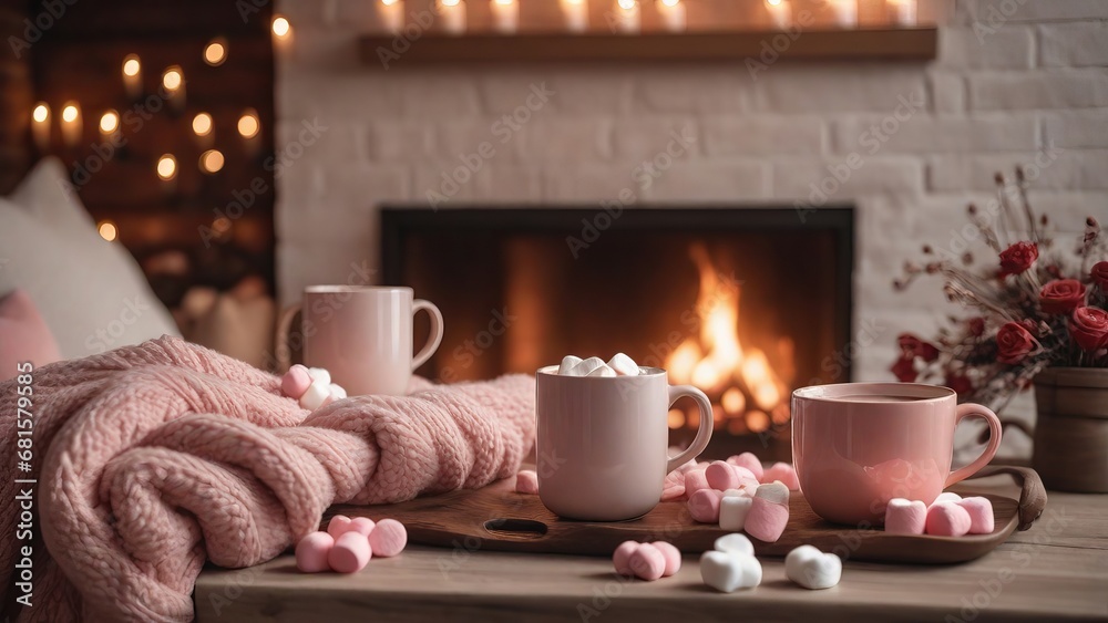 Cozy valentine’s day gift with mugs, marshmallows, and fireplace Cozy valentine’s day gift with mugs, marshmallows, and fireplace