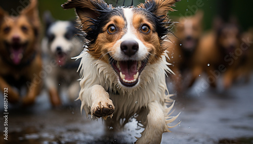 Cute puppy playing in water, wet and smiling happily generated by AI © djvstock