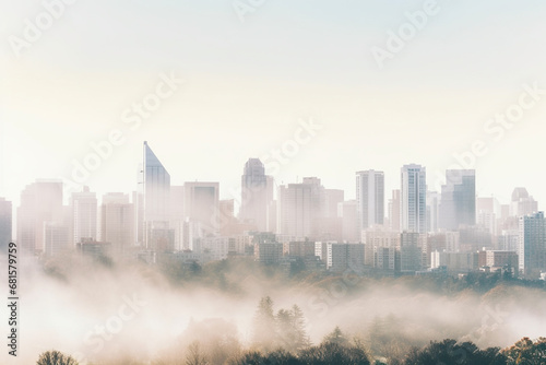 transformative effect of fog on city, embodying urbskyline, blurred outlines, and captivating contrast between modern humenvironment and natural elements