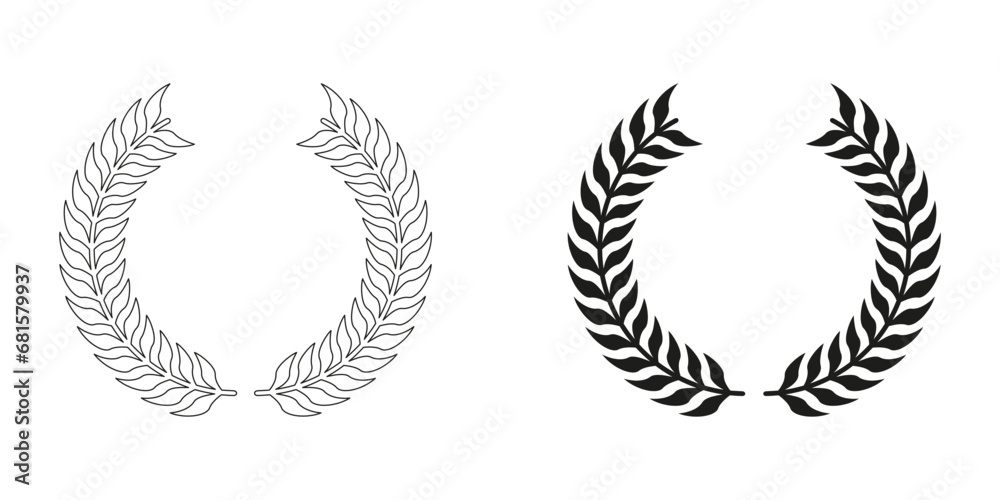 Laurel Wreath Line and Silhouette Black Icon Set. Foliate Award, Tree Branch Symbol Collection. Winner Emblem, Chaplet, Victory Certificate, Olive Leaf Pictogram. Isolated Vector Illustration