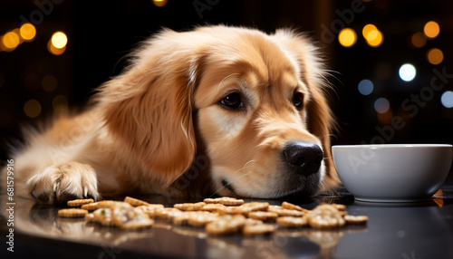 Cute puppy eating a snack on a golden table generated by AI