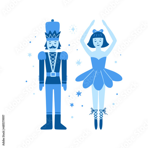 Nutcracker and ballerina cute illustration. Christmas vector clipart with boy and girl