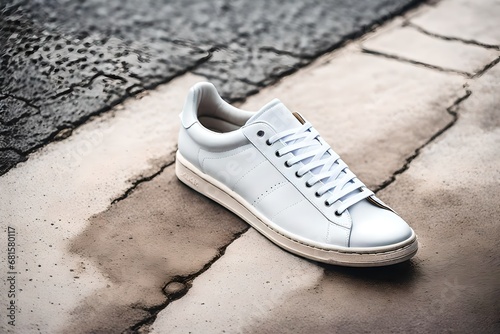 pair of  white leather sneakers on urban concrete background photo