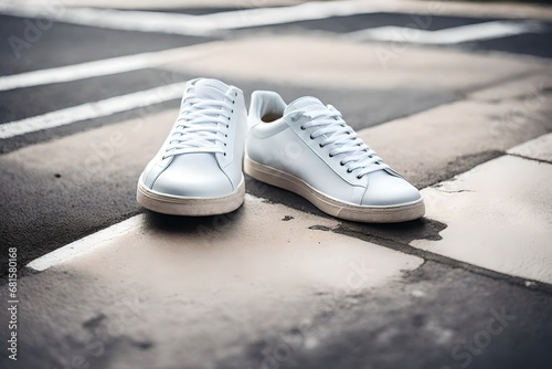 pair of  white leather sports shoes on urban concrete background photo