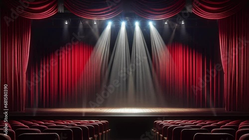 showtime background. theater stage with red curtains opening. Generative AI photo