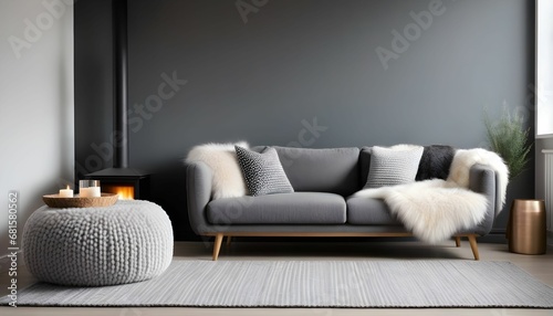 Knitted blanket on grey sofa and fur pouf in room with freestanding fireplace. Hygge, scandinavian home interior design of modern living room. photo