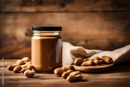 jar of peantu butter and burlap canvas onwooden background photo