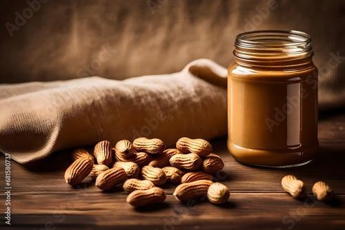 jar of peantu butter and burlap canvas onwooden background photo